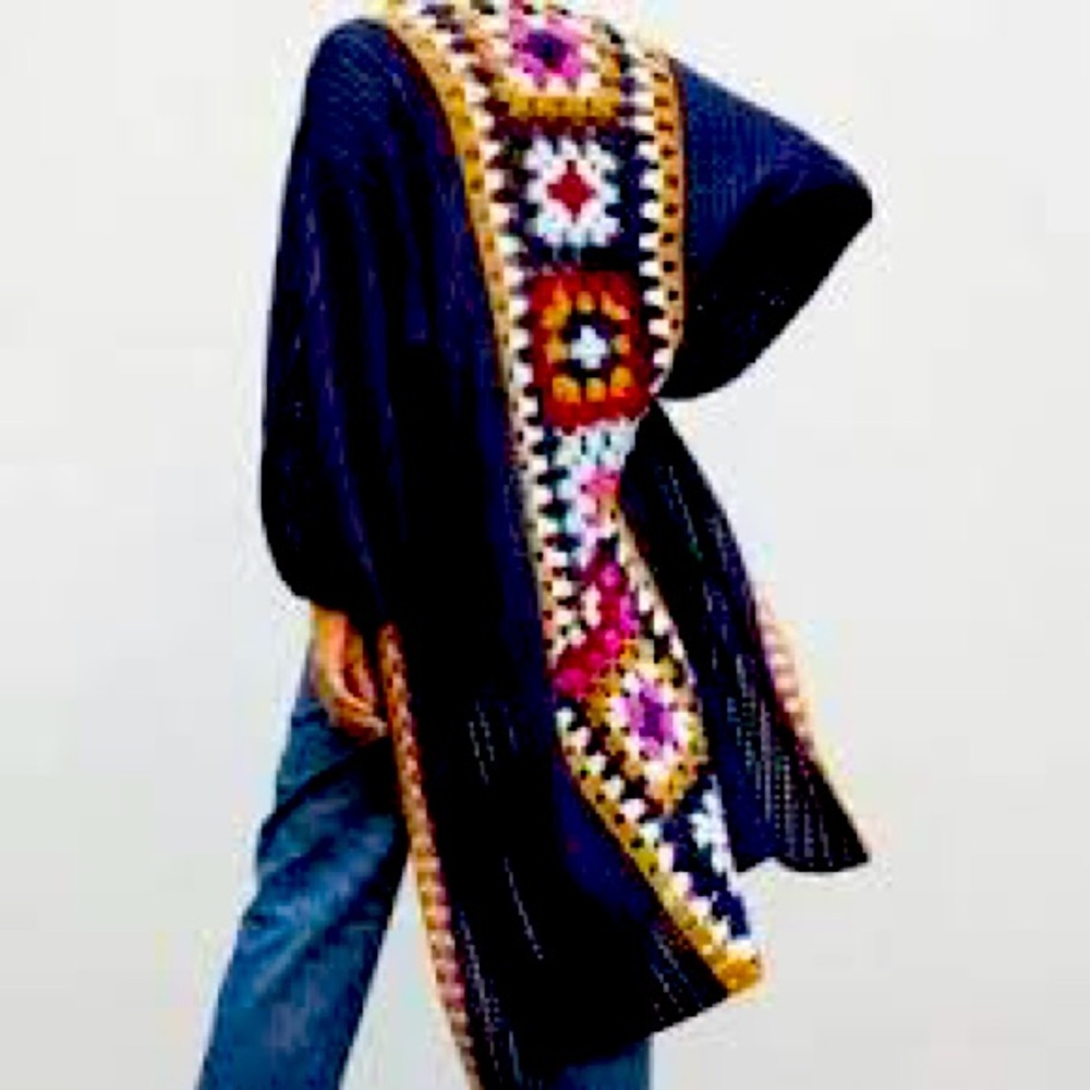 Anthropologie Granny Square Crochet Duster Navy